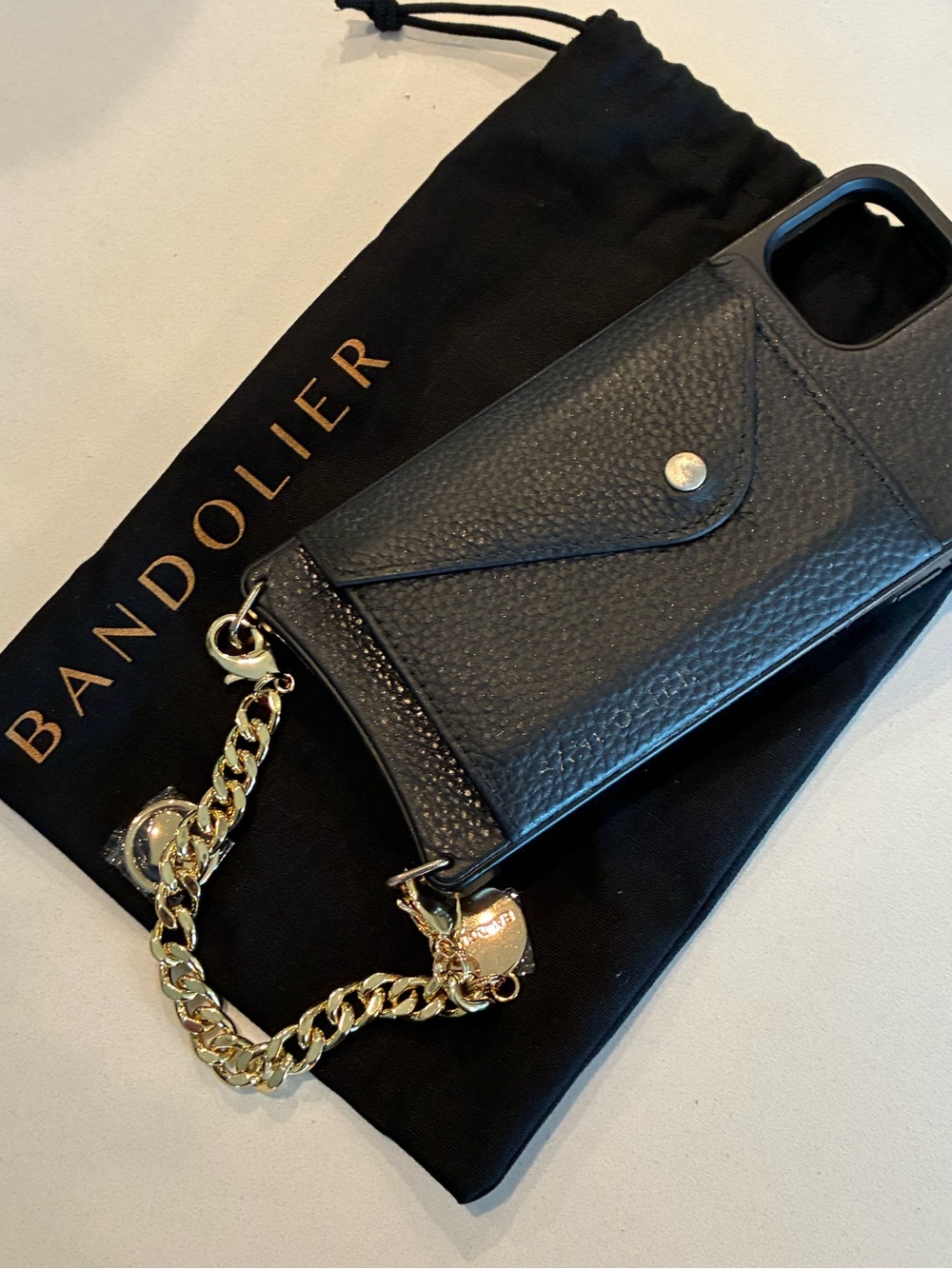 Bandolier Black Pebbled Leather Mini Crossbody with Gold Chain